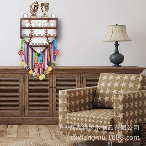 Wood Baseball <b>Medal</b> Display <b>Rack</b> Three Layer Wall Mounted Storage For Art Decor Rustic Style - Product Image 1