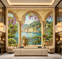 Papier peint mural Paysage Côtier Italien avec Arche en Pierre et Glycine pour Décoration Murale de Salon, Hôtel, Café