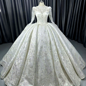 Lscm105 Royal Ivory Sheer Long Sleeve Ball Gown <b>Wedding</b> Dress Heavy Sparkling Floral Embroidery Lace Up Back Jancember - Product Image 1