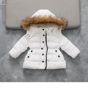 Jaqueta corta-vento infantil, casaco de inverno grosso com capuz de pele