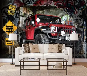 Hot selling 3d wallpaper 3D brick wall Jeep car breaks through the wall to produce tooling background wall
