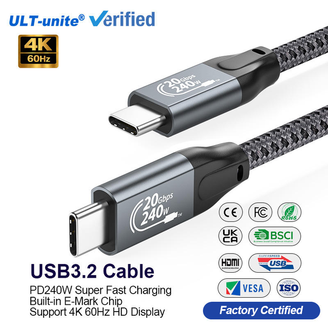 ULT-unite China 0.3m 1m 2m USB C Cable Metal USB-C De Type C Cable Fast Charging 240W PD 3.1 USB C Cable E-Marker 48V 5A in Bulk
