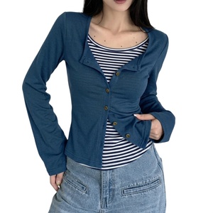 Women Two Piece Long Sleeve T-<b>Shirt</b> Striped Layered Top Button Up Ruched Slim Fit Custom OEM Manufacturer TKAN8114 - Product Image 1