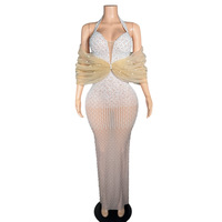 Nouvelle robe longue de soirée sirène élégante à col halter et décolleté en V profond, ornée de perles et de cristaux, idéale pour anniversaires, banquets, mariages et fêtes.