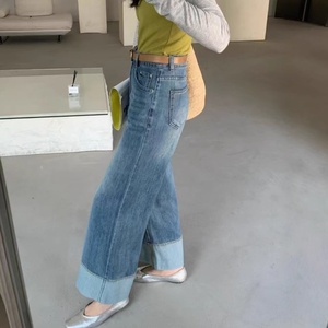 Bufa 2025 Spring New Chic Style High Waist Ankle Cuffed Loose Fit Pants Straight Wide Leg Pants Women <strong>Turn</strong> <strong>up</strong> <strong>Jeans</strong> - Product Image 2