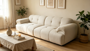 Sofá Cama Minimalista de Tela Crema con Respaldo Acolchado y Brazos Enrollados, Sofá de Tres Plazas para Sala de Estar - Product Image 5