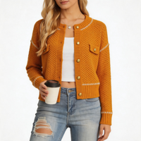 Cardigan décontracté pour femme en maille gaufrée jaune moutarde de bonne qualité, avec col rond et franges brutes, coupe courte