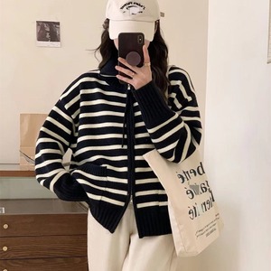 เสื้อคาร์ดิแกนถักลายทางมีซิปสำหรับผู้หญิงทรงหลวมขนาดใหญ่สำหรับฤดูใบไม้ร่วงและฤดูหนาว - Product Image 2