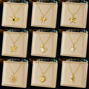 Gold Plated Themed Pendant Necklace With Starfish Bow Flower Sun Crab Turtle Bird Charm For Daily Wear Gift - Product Image 1