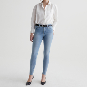 Jeans droits en denim super extensible indigo clair taille haute pour femmes OEM, respirants, broderie, franges, ourlet brut, longueur cheville, vente en gros - Product Image 1