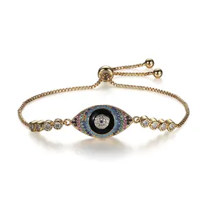 Fashion Bohemian Cubic Zirconia Adjustable Size Gold Plated Evil Blue Eye Bracelet for Women or Men
