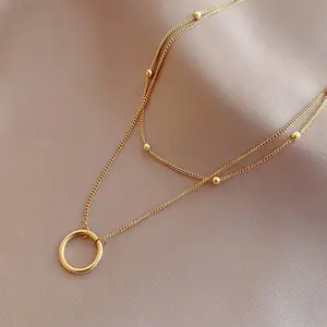 Zooying Designer Jewelry Vintage Women Personalized Minimalist Stainless Steel Bead Hoop Circle 2-layer Charm Pendant Necklace