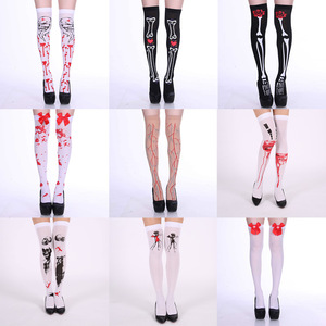 Calcetines hasta la rodilla con estampado de calavera de Halloween, accesorios de disfraz para mujer, opacos, hasta la mitad de la pantorrilla, LBB893 - Product Image 1