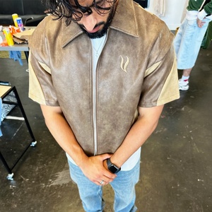 Custom High Quality Distressed Applique Embroidery Short Sleeve t <b>Shirts</b> for Men Pu Leather Zip up Jacket t <b>Shirt</b> - Product Image 2