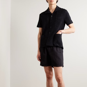 Cut and Sew <b>Men's</b> French Cotton Terry <b>Short</b> Sleeved Button up Blank <b>Corduroy</b> Crew-neck Camp Collar Shirts for <b>Men</b> - Product Image 2