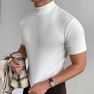 Camiseta de Cuello Alto Simulado para Hombre, Manga Corta, Cuello Medio, Tejida, Color Sólido, Uso Diario Informal - Product Image 3