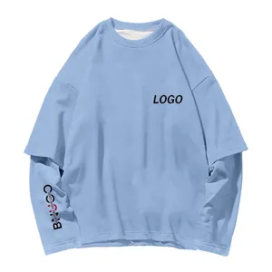 Custom logo Fake two-piece set of long-sleeved slogan letter printing men's and women's loose fashionable American tops T-shirt