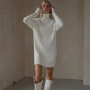 Elegante Vestido corto de punto acanalado sólido para mujer 2023 manga larga cuello alto Mini Vestidos otoño señora fiesta Club Vestidos 2662 - Product Image 3