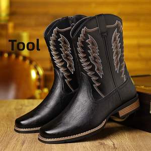 Bottes de cowboy western montantes brodées pour hommes, bottes de chevalier tendance à blocs de couleur, bottes d'équitation à bout carré - Product Image 1