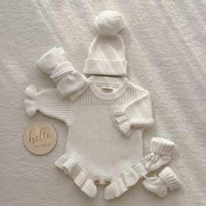 Pasgeboren Accessoires Gebreide Set Strik Beanie Sokken Baby Hoofddeksels Pom-Pom Dubbele Geribbelde Gebreide Muts Geboorte Aankondiging Outfit - Product Image 6