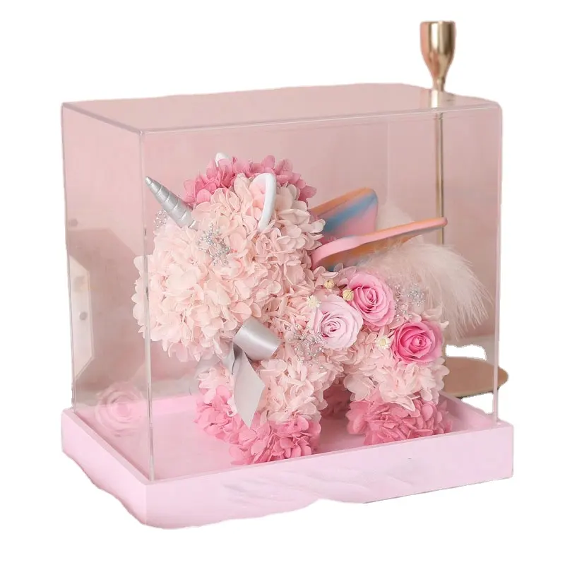 Unicorno rosa fiore conservato creativo all'ingrosso per natale, matrimonio, festival, decorazioni per la casa