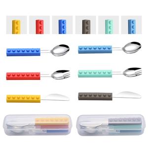 Wholesale 3Pcs <b>Building</b> <b>Block</b> Silicone Stainless Steel Kids Fork Spoon Knife Bricks Shaped Cutlery Set Funny Toddler Dinnerware - Product Image 4