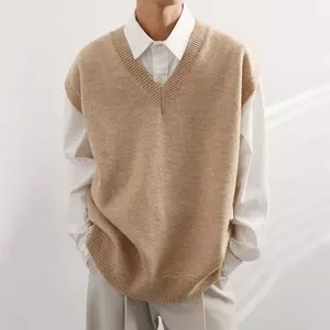 Autumn Winter <b>Men's</b> Casual Solid Color <b>Sleeveless</b> V-Neck <b>Pullover</b> Comfortable Knitted Waistcoat Warm Loose 100% Polyester - Product Image 1
