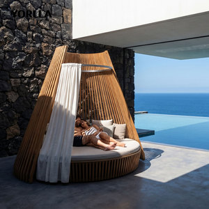 Mobilier de villégiature haut de gamme : Cabane tipi en teck, grand lit de soleil rond, chaise longue de club de plage - Product Image 4