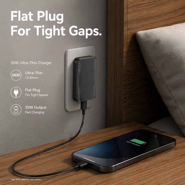 High Speed 30W GaN Fast Charger Portable Dual USB-C/USB-A PD 3.0 PPS Laptop Wall Adapter with OTP Protection