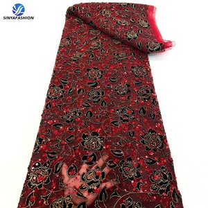 Tela de encaje de terciopelo de lujo Sinya <span class=keywords><strong>con</strong></span> brillos, 5 yardas, lentejuelas populares, encaje de red francés, telas bordadas para vestido de noche de boda - Product Image 6