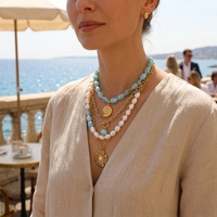 Collier superposé en perles baroques et pierres précieuses de jade bleu, pendentif floral vintage doré, bijoux de mode