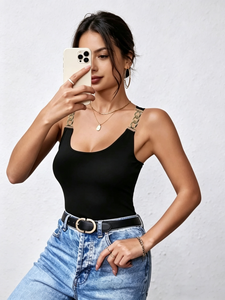 Black Fitted U-Neck <b>Camisole</b> Tank Top with Thick <b>Gold</b> Metal Chain Shoulder Straps - Product Image 2