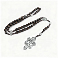 Nouveauté Rétro Transfrontalière : Collier Chapelet en Perles de Bois Saint Benoît et Notre-Dame, avec Pendentif Croix d'Église Tressée, Bijoux Religieux