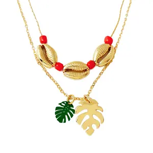 Jewelry Wholesale sweater chain gold plated leaf shell bead acrylic pendant necklace set for women