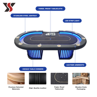 Mesa de Póker Texas con Pedestal en Forma de D, Personalizada por YS OEM, con Luz LED, Fieltro Azul Marino, 10 Portavasos Dorados, Base Iluminada, Estilo Casino