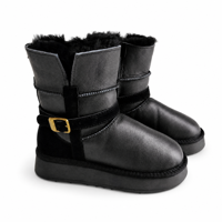 Bottes d'hiver imperméables en cuir noir pour femmes, doublées de fourrure, avec sangle à boucle, plateforme, semelle antidérapante, mi-mollet