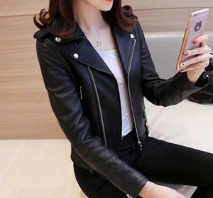 Petit manteau court et mince en <span class=keywords><strong>cuir</strong></span> PU pour femmes en gros pour le printemps automne vêtements de moto coupe-vent doublure en nylon fermeture à glissière - Product Image 2