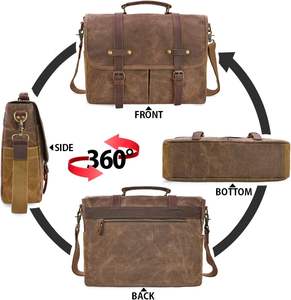 Maletín para Portátil de 15.6 Pulgadas, Impermeable, Vintage, de Cuero Genuino y Lona Encerada, con Cierre de Cremallera, Resistente - Product Image 3