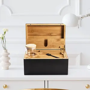 Grande boîte de rangement en bambou avec plateau roulant coulissant Accessoires Boîte à fumée en bois avec serrure et 3 bocaux en verre