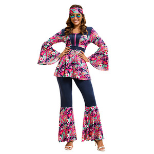 Traje Hippie Floral Vintage de los 70, Conjunto de 2 Piezas con Peluca, Chaleco y Pantalones de Campana para Fiesta Disco Retro - Product Image 3