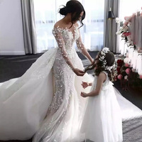 Robes de mariée LY-WD0847 pour mariage, fleurs, dentelle, col en V, sirène, manches longues, sexy, traîne amovible, grande taille