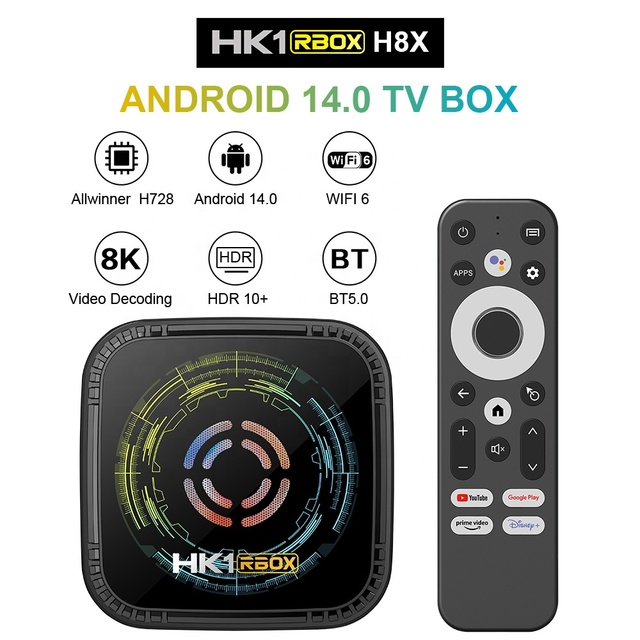 HK1 RBOX H8X Android 14 Octa Core Allwinner H728 8K Smart TV Box Dual-Band WiFi6 10/100Mbps LAN 4GB RAM 32GB Storage