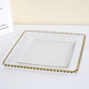 Assiette <span class=keywords><strong>de</strong></span> présentation carrée décorative en <span class=keywords><strong>verre</strong></span> avec bordure perlée dorée Luckygoods LCK138 pour la mise en scène <span class=keywords><strong>de</strong></span> table <span class=keywords><strong>de</strong></span> mariage ou <span class=keywords><strong>de</strong></span> fête - Product Image 1