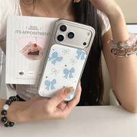 Coque arrière bleue style coréen avec nœud pour iPhone 17 13 11 Pro Max, coque de téléphone électroplaquée à bord argenté pour iPhone 18 Pro