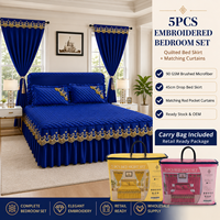 Ensemble de literie de luxe matelassé et brodé 5 pièces avec jupe de lit et rideaux à passe-tringle assortis, taille King, pour la décoration de chambre