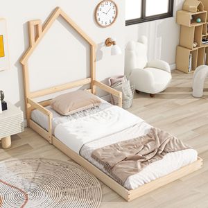 Solid Wood Children's <b>House</b> <b>Bed</b> With Safety Rails Wheat-colored Durable Framework Bedroom Furniture For Kids - Product Image 2