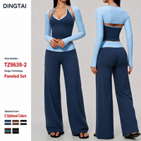 Ensemble de fitness 3 pièces pour femme : haut à manches longues à trou pour le pouce, col halter et col en V, color block, legging taille haute effet ventre plat, séchage rapide