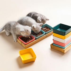 Kedi ve köpek kare seramik kase ev kedi köpek maması hayvan mama kabı besleyici sosu aperatif tutucu ile bambu standı - Product Image 1
