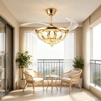 Ventilateur de plafond LED silencieux et dimmable Lotus Crystal Gold avec télécommande, rétractable, pour intérieur