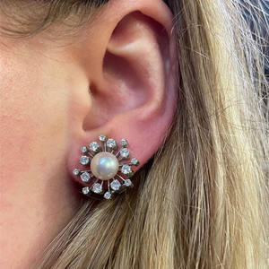 Orecchini a lobo Mtokuby con fiore, in oro bianco, imitazione perla e zirconi, montatura a griffe, gioielli classici da donna per feste - Product Image 5